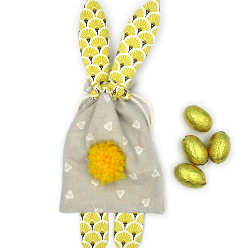 Sac lapin, pochette lapin, gris jaune, pâques, idée cadeau, idéal pour mettre des chocolats