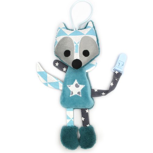 Doudou attache tétine, renard, gris bleu, tissu coton minky, hauteur 23 cm, personnalisable en couleur, idée cadeau de naissance
