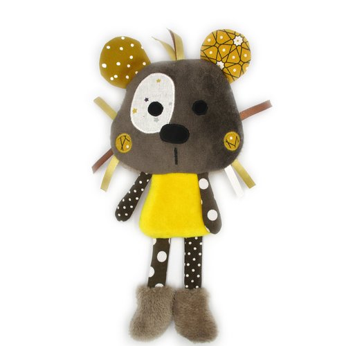 Doudou panda, peluche, marron jaune, tissu coton minky, personnalisable, fait-main, hauteur 23 cm, idée cadeau