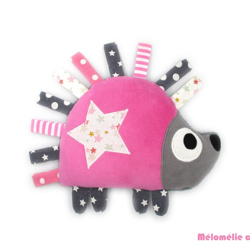 Doudou fait-main hérisson, peluche, rose gris, coton minky polaire, multicolore, fait-main, cadeau de naissance, personnalisable