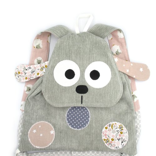 Sac à dos chien, coton, gris rose, sac à dos enfant, sac chien, 31 cm x 29 cm, rentrée scolaire, idée cadeau