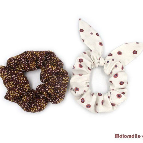 Chouchou, lot de 2, blanc marron, fait-main, pochette, élastique, coton, accessoire cheveux