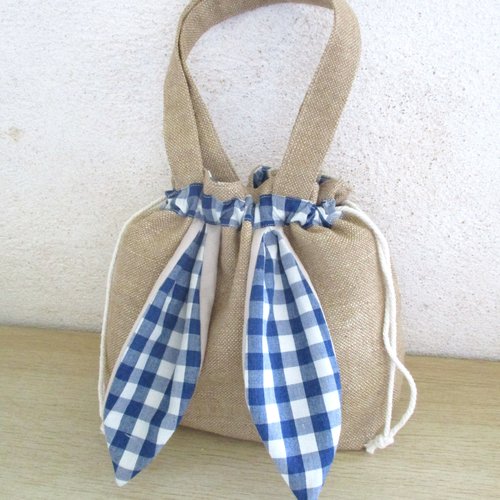 Sac lapin, bourse, toile de jute, marron bleu, sac de pâques, pochette chocolat, idée cadeau