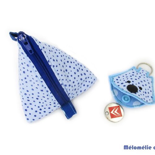 Porte-monnaie berlingot bleu et porte jeton renard assorti, idée cadeau, coton feutrine