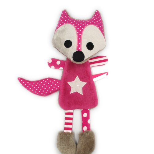 Doudou peluche plat renard, tissu coton minky polaire, fuchsia marron, hauteur 27 cm, doudou personnalisable en couleur