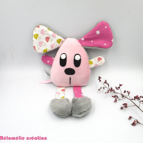 Doudou souris, peluche souris, doudou fait-main, rose gris, coton minky polaire, personnalisable, doudou bébé, 27 cm de hauteur