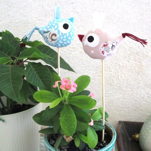 Petits oiseaux de décoration pour plante - lot de 2 - coton - bleu rose - idée cadeau