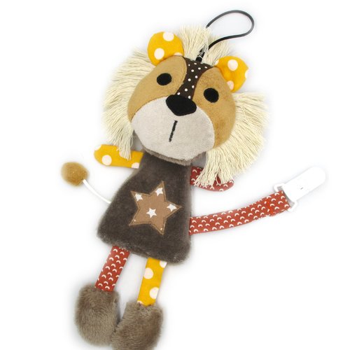 Doudou lion, attache tétine, peluche, marron, tissu coton minky, personnalisable, fait-main, hauteur 23 cm, idée cadeau