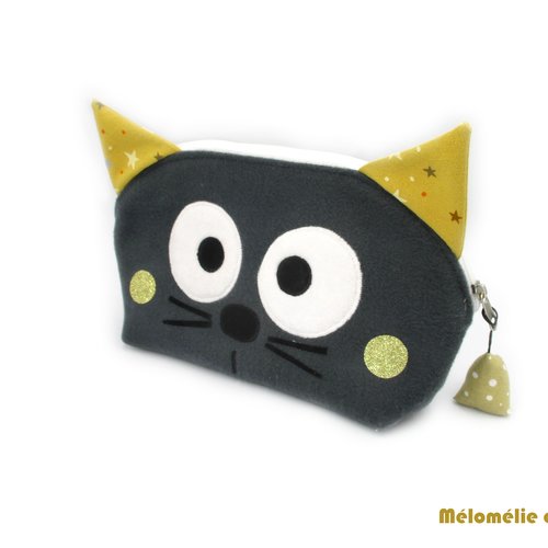 Trousse d'école, trousse forme animale, chat, originale, gris jaune, trousse animaux, coton, idée cadeau, fait-main