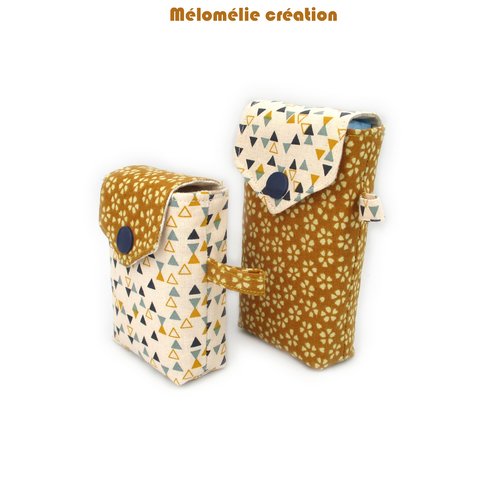 Pochette à mouchoirs lot de 2, beige moutarde, pour mouchoirs petits et grands formats, tissu coton, idée cadeau originale
