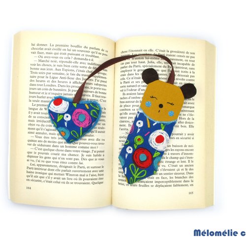Marque-page ours en tissu, jaune et bleu , idée cadeau, coton, cadeau original et unique, marque ta page, fait-main