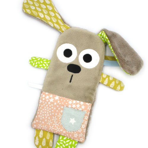 Doudou lapin plat, tissu coton minky, marron multicolore, fait-main, personnalisable en couleurs, cadeau de naissance
