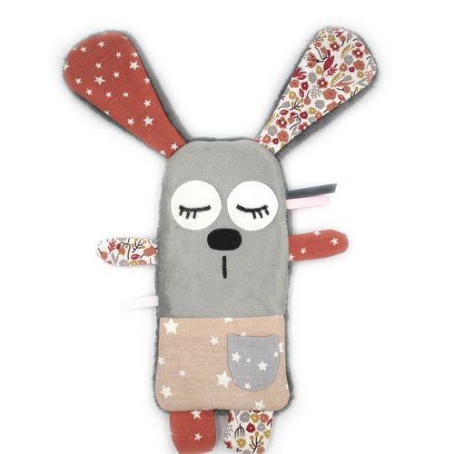 Doudou lapin plat, tissu coton minky, gris rose, fait-main, personnalisable en couleurs, cadeau de naissance