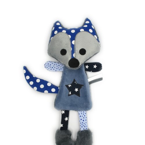 Doudou peluche plat renard, tissu coton minky polaire, bleu, hauteur 27 cm, doudou personnalisable en couleur