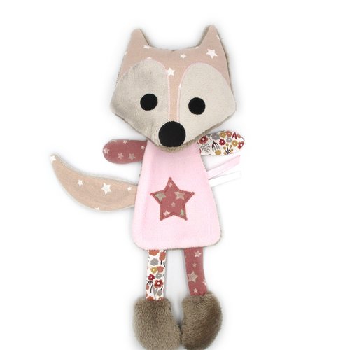 Doudou peluche plat renard, tissu coton minky polaire, marron clair rose, hauteur 27 cm, doudou personnalisable en couleur