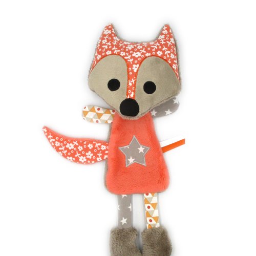 Doudou peluche plat renard, tissu coton minky polaire, orange, hauteur 27 cm, doudou personnalisable en couleur