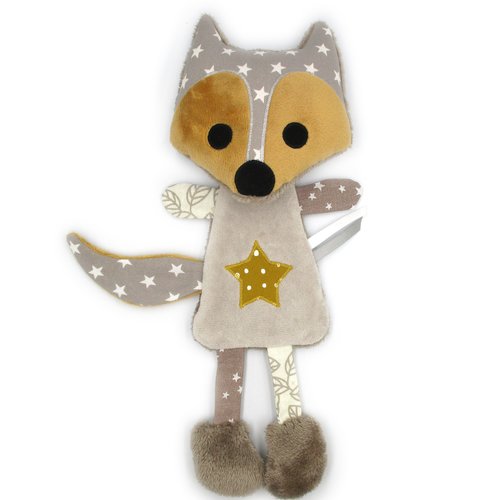 Doudou renard en minky et coton marron, 27 cm, cadeau de naissance idéal, unique et original