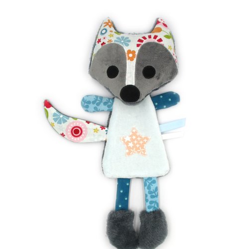Doudou renard en minky et coton gris et bleu, 27 cm, cadeau de naissance idéal, personnalisable