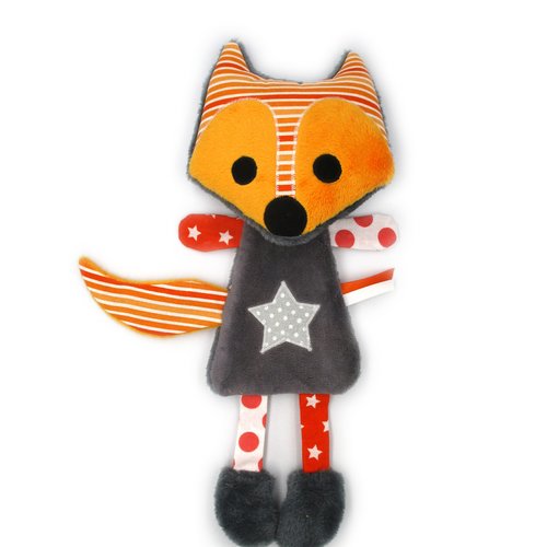 Doudou renard en minky et coton orange et gris, 27 cm, cadeau de naissance idéal, personnalisable