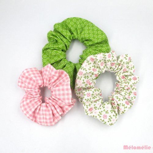 Chouchous en tissu pour cheveux, lot de 3, vert rose blanc, en coton, pour embellir votre coiffure