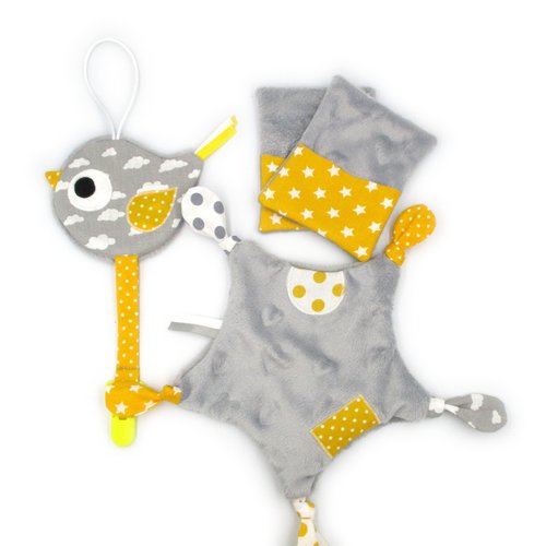 Ensemble naissance doudou, attache tétine et lingettes, gris et jaune en minky et coton, cadeau de naissance