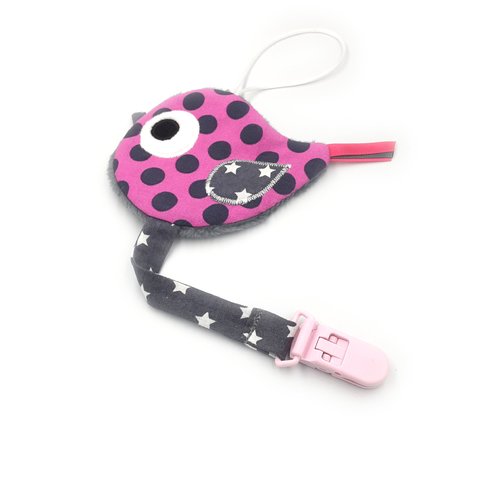 Doudou oiseau attache tétine, coton et minky fuchsia et gris, idée cadeau de naissance