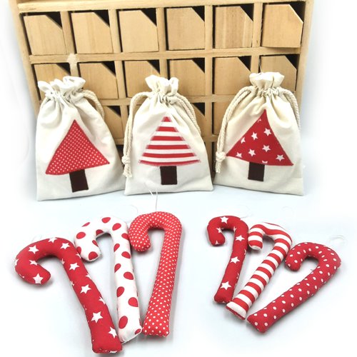 Décorations de noël, sucre d'orge et pochette en coton rouge et blanc