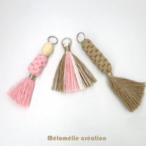 Porte-clés en macramé beige rose marron, lot de 3 pour accrocher à vos sacs, clés, idée cadeau originale