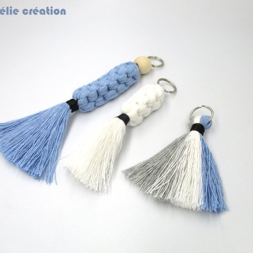 Porte-clés en macramé beige bleu gris, lot de 3 pour accrocher à vos sacs, clés, idée cadeau originale