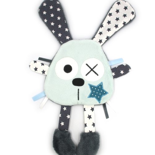 Doudou lapin plat tout doux, bleu et gris, cadeau de naissance en minky, cadeau de naissance