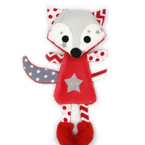 Doudou renard en minky et coton rouge blanc gris, idée cadeau de naissance originale et unique