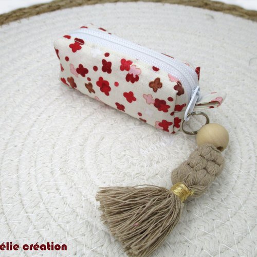 Mini trousse pour stick à lèvres, porte-monnaie en tissu coton beige et rouge, idée cadeau originale