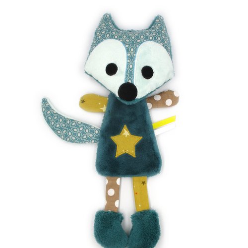 Doudou renard plat en minky et coton  bleu et jaune, cadeau de naissance idéal, unique et original