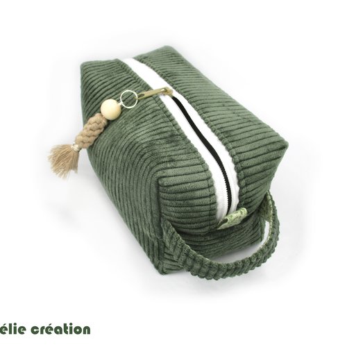 Trousse de toilette petit format ou trousse maquillage en velours kaki, idée cadeau