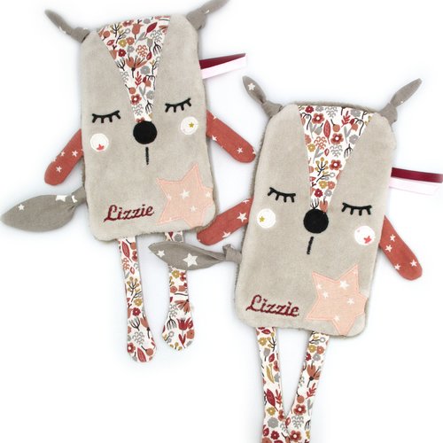 Réservés, doudou plat petit faon en minky et coton marron rose, idée cadeau de naissance originale et unique