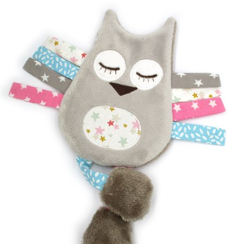Doudou hibou plat en minky et coton, bleu rose et marron, idée cadeau de naissance originale et unique