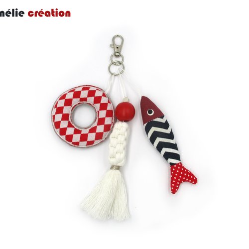 Porte-clés thème marin, en tissu et macramé, sardine et bouée pour accrocher à vos sacs, clés, idée cadeau originale