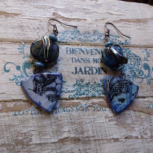 Boucles d’oreilles en céramique artisanale et perles de verre au chalumeau,  création française unique