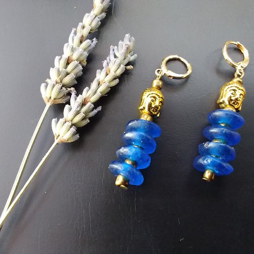 Boucles d’oreilles femme,  bleu et doré,  création française artisanale