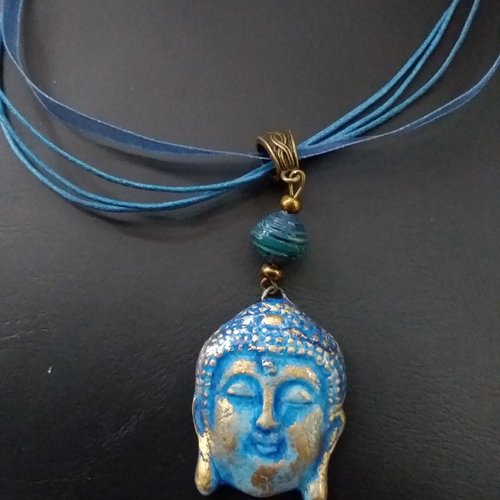 Petit collier bouddha bleu, ras de cou, sur cordon de tissu, création française artisanale