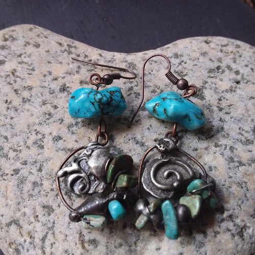 Boucles d’oreilles artisanales en turquoise et étain,  originales,  création unique