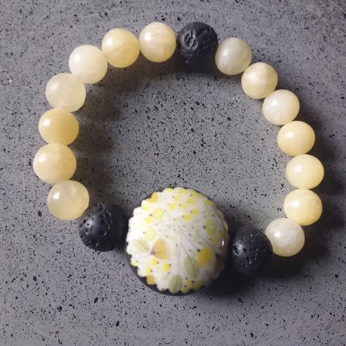Bracelet élastique en perles de gemmes, et porcelaine, création artisanale française