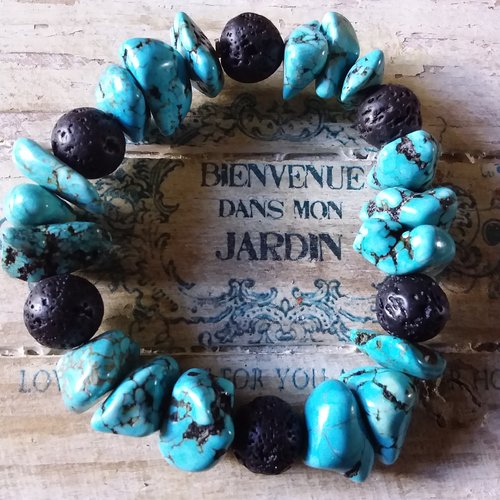 Bracelet unisexe élastique en turquoise et pierres de lave, création artisanale française