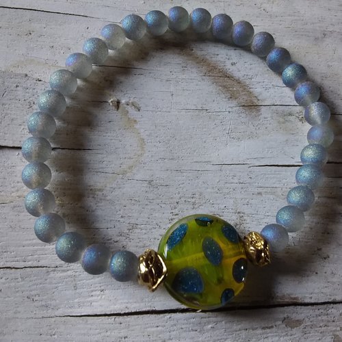 Bracelet élastique de perles givrées et murano, création artisanale