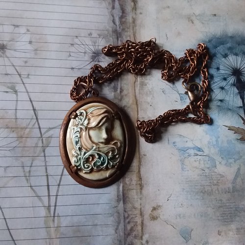 Collier camée cuivre avec cabochon de céramique artisanale,  création unique