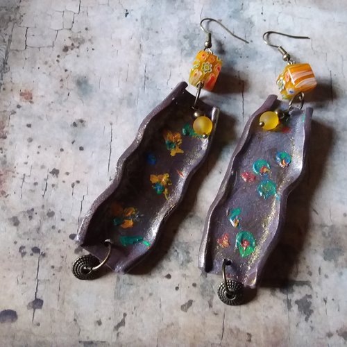 Marrons glacés...longues boucles d’oreilles originales,  en argile polymère et perles de verre millefiori,  création artisanale unique