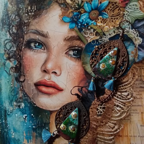 Boucles d’oreilles en cuivre brut et cuivre émaillé,  pompons, chaînette,  création artisanale