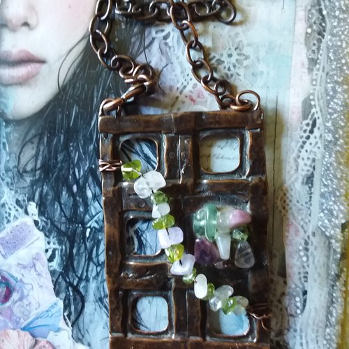 Collier sautoir en cuivre et pierres naturelles, création artisanale unique