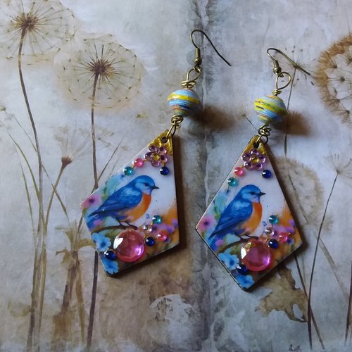 L’oiseau bleu...boucles d’oreilles en bois décoré et résiné,  légères,  et perle de papier, création artisanale unique