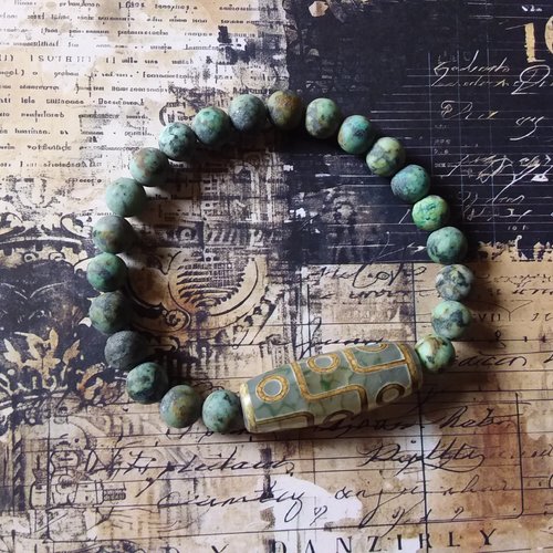 Bracelet élastique unisexe, turquoise africaine et agate dzi, création artisanale